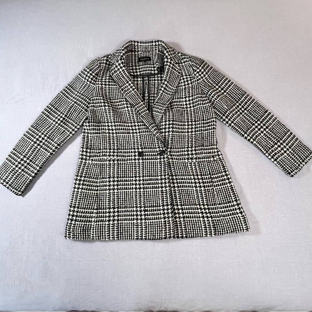 Talbots Womens 12 Houndstooth Wool Blend Double Breasted Blazer Coat Black White